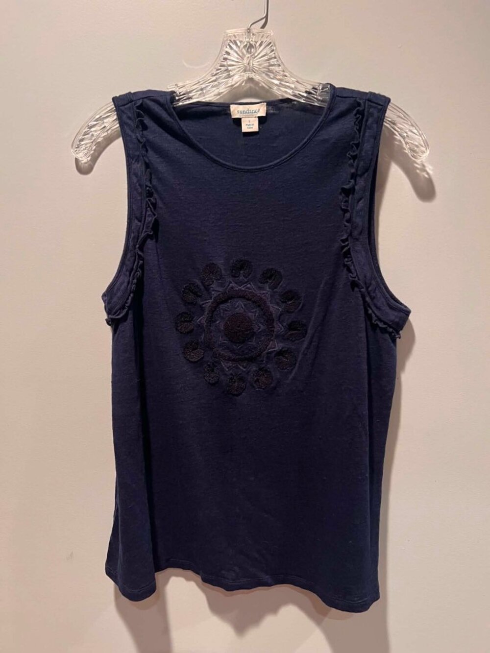Sundance Catalog 100% Linen Sleeveless Ruffle Tank Top Navy Size‎ L
